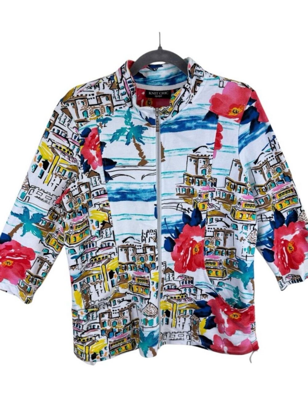 Knit Chic Colorful Beachy Floral Print Full Zip 3/4 Sleeve Jacket Pockets Size M